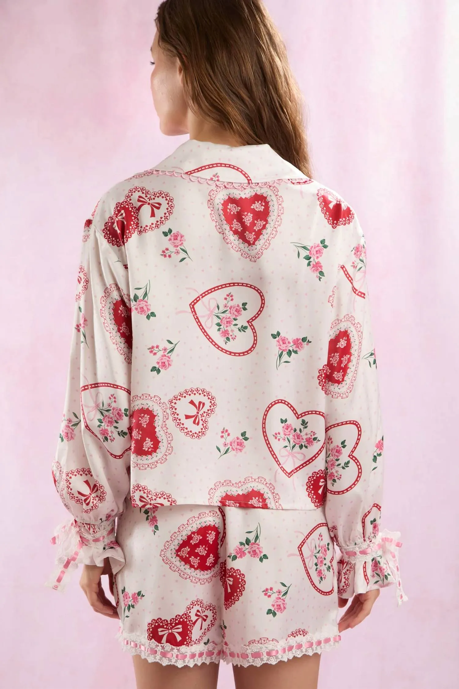 Heart Lace Satin Pajama Set In White/pink