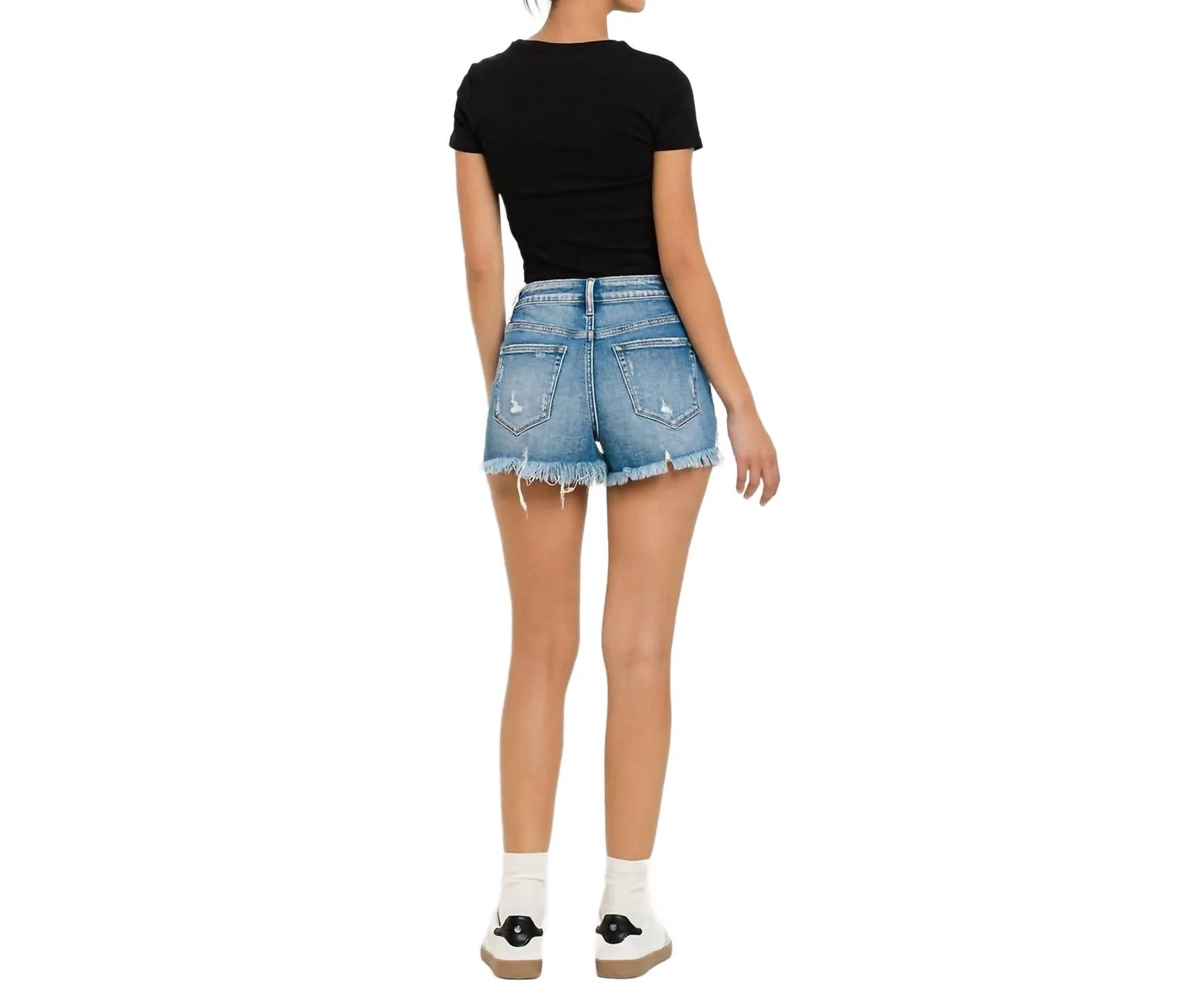 High Rise Distressed Criss Cross Shorts In Ecstasy