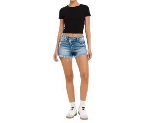 High Rise Distressed Criss Cross Shorts In Ecstasy
