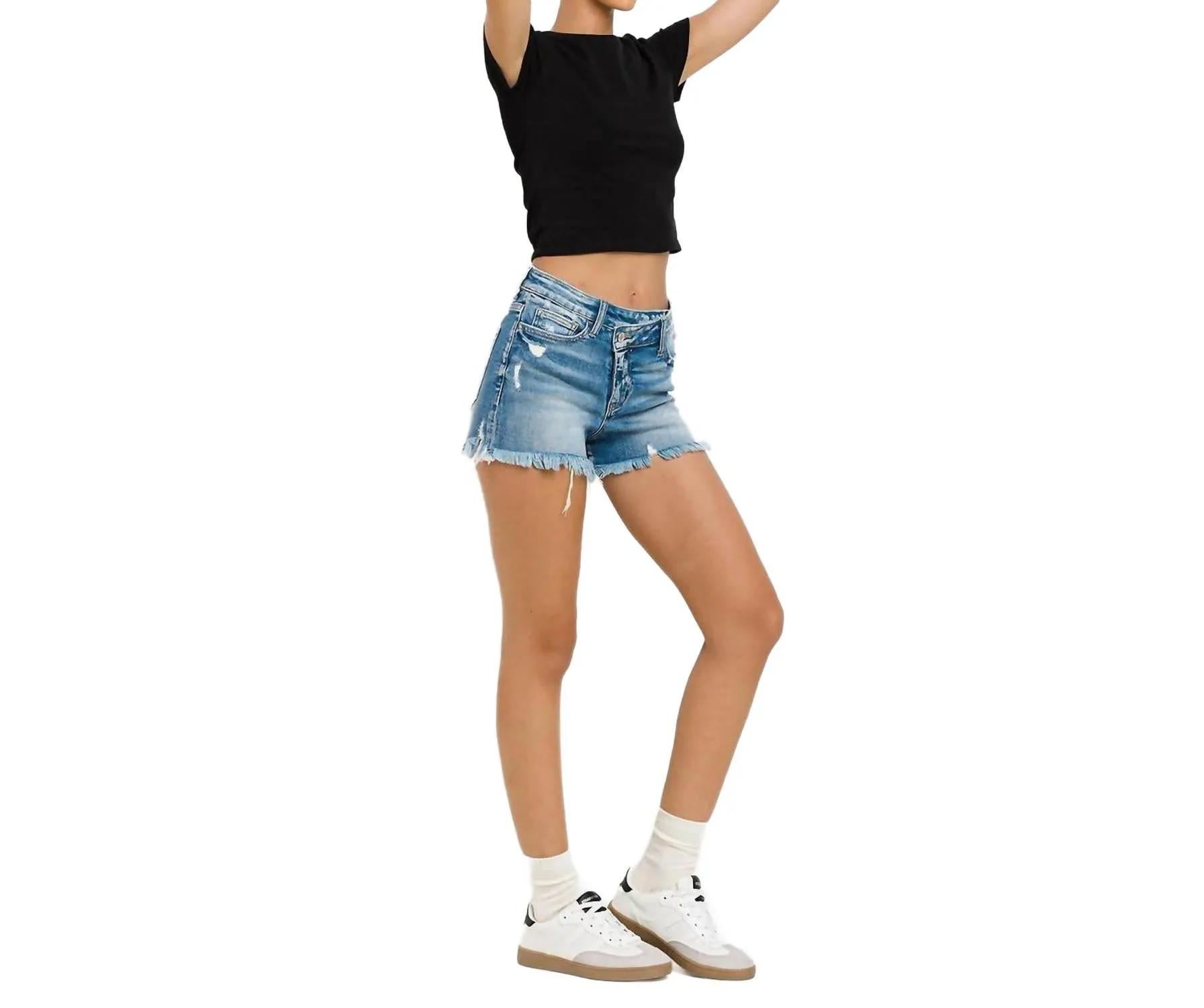 High Rise Distressed Criss Cross Shorts In Ecstasy