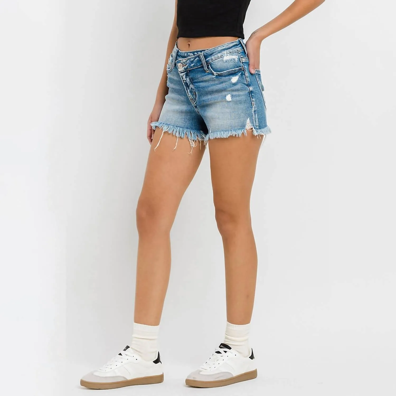 High Rise Distressed Criss Cross Shorts In Ecstasy