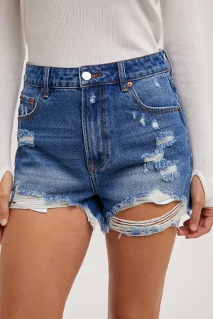 High Rise Distressed Denim Shorts In Med.wash