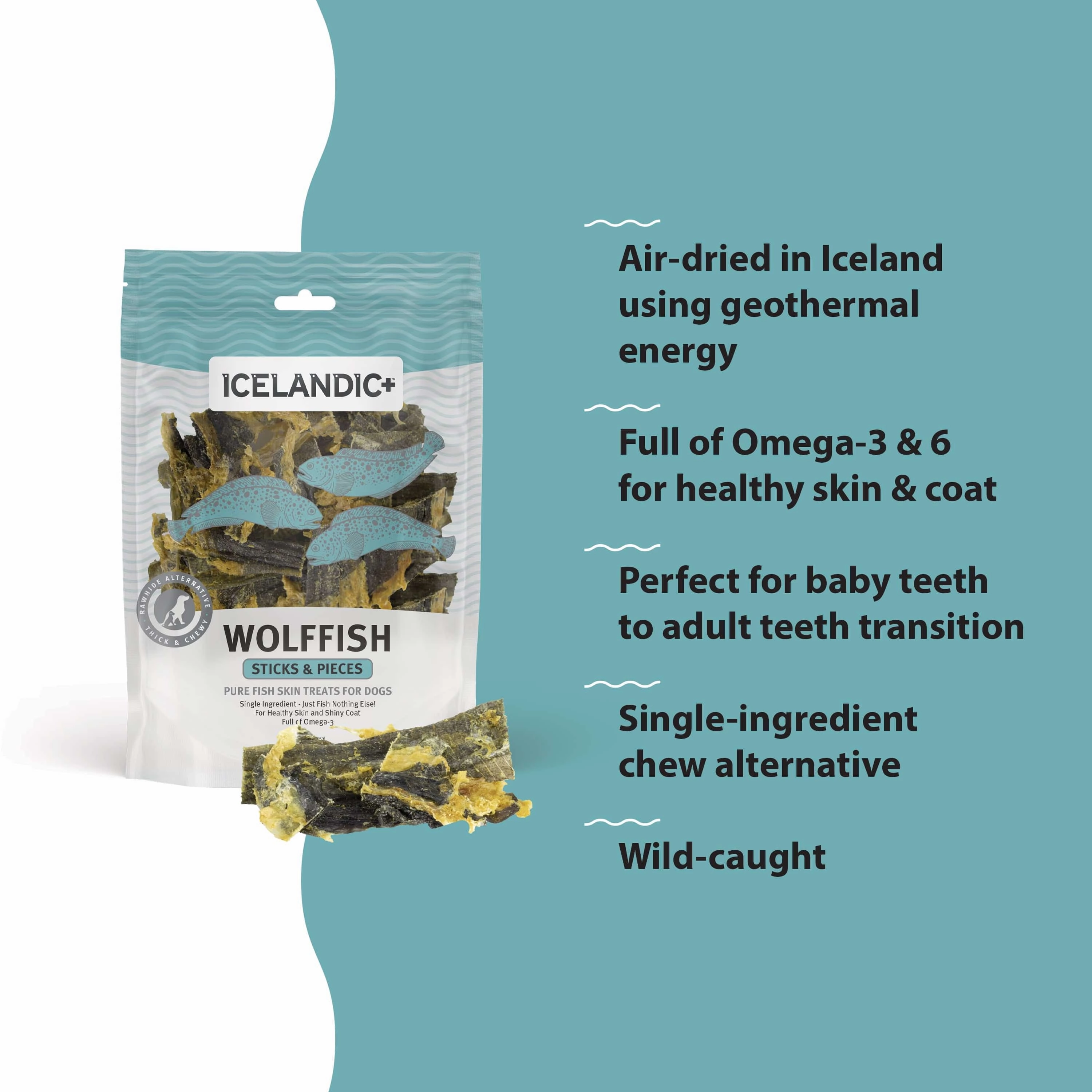 Icelandic  Wolffish Skin Sticks & Pieces Dog Treats (SPECIAL ORDER ITEM)
