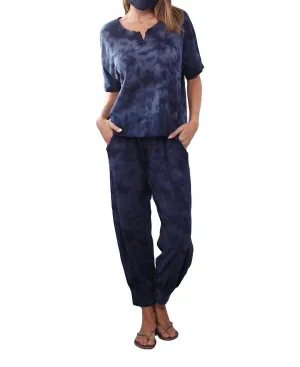 Jojo Cherry Cotton Jogger Paired With Short Sleeve T Shirt Set In Tie Dye Navy