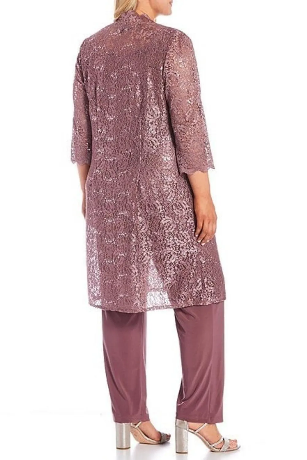 Lace 3/4 Sleeve 3-Piece Pants Set In Dark Rose