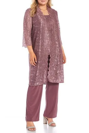 Lace 3/4 Sleeve 3-Piece Pants Set In Dark Rose