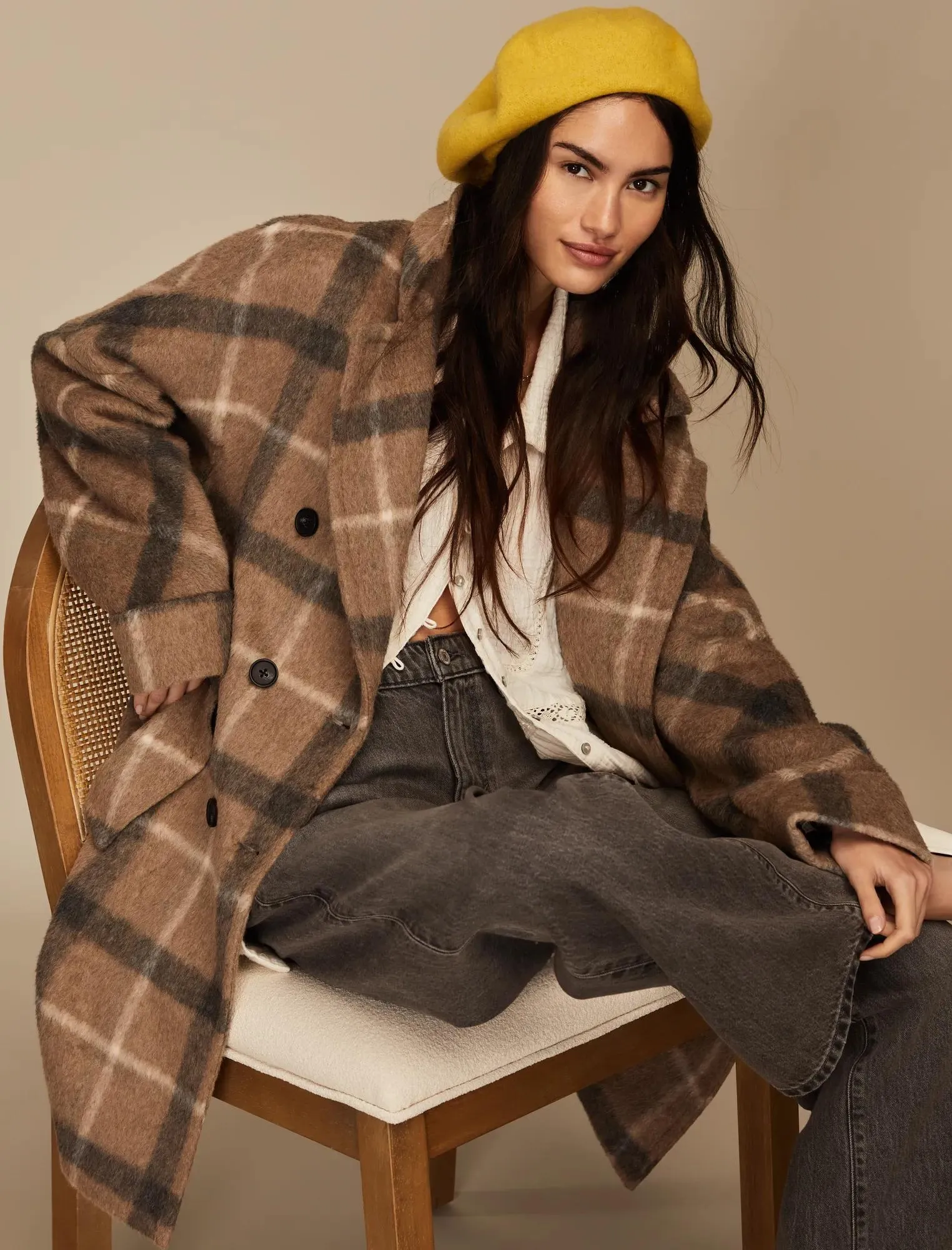 Lucky Brand Women's Brown Plaid Double Breasted Coat