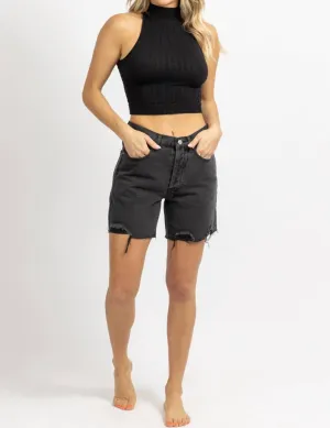 Mid-Thigh Denim Short In Washed Black