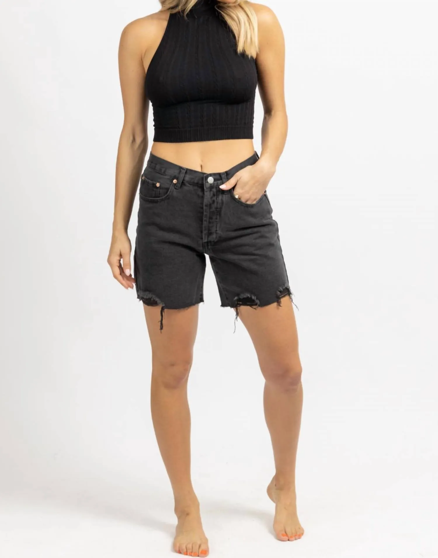 Mid-Thigh Denim Short In Washed Black