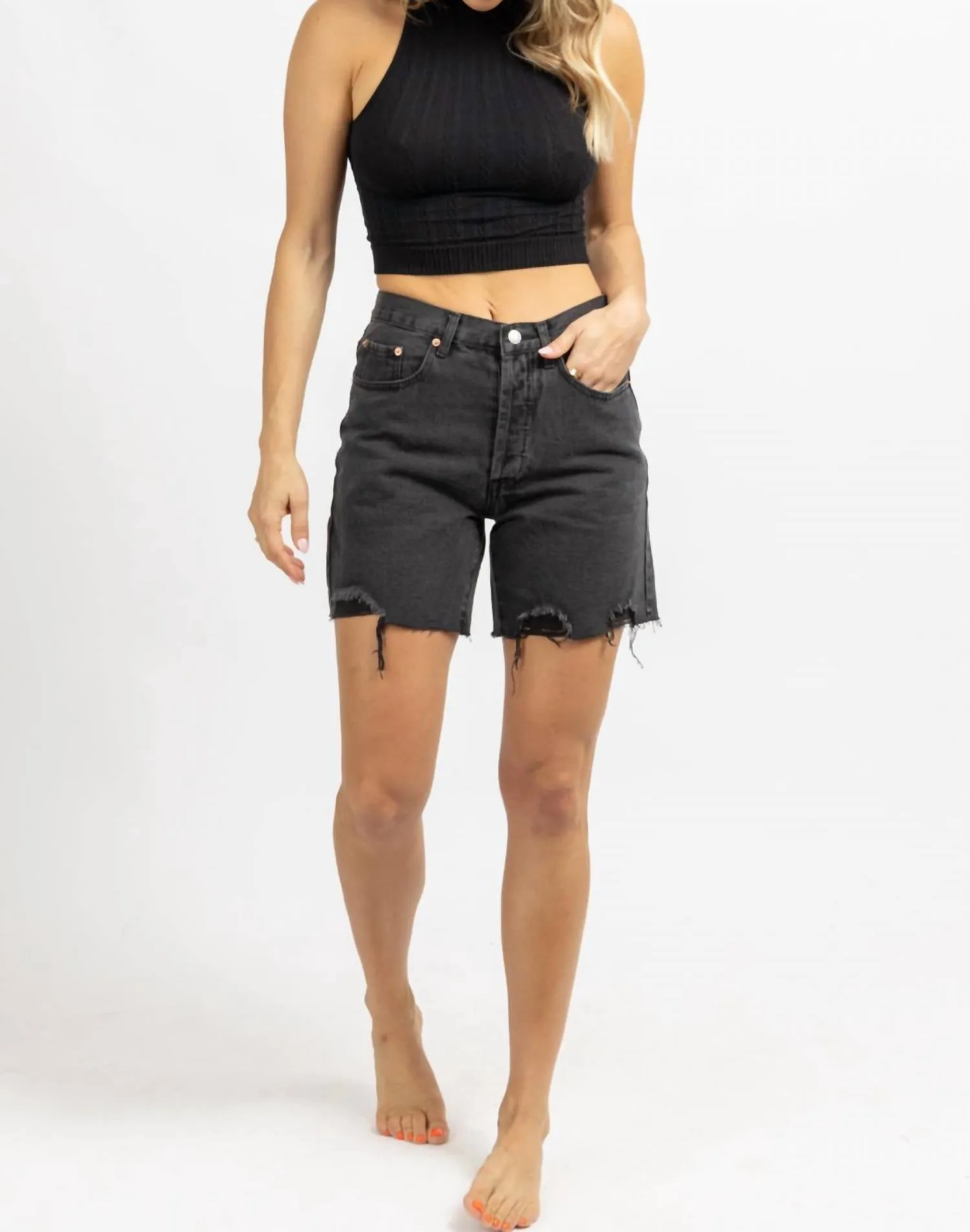 Mid-Thigh Denim Short In Washed Black