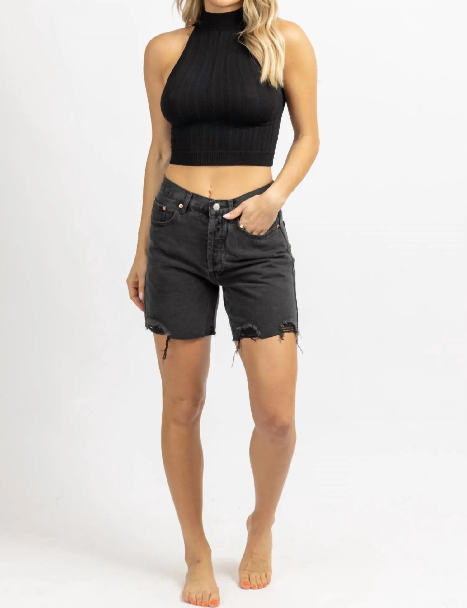 Mid-Thigh Denim Short In Washed Black