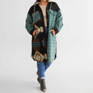 Oversized Aztec Hooded Jacket In Jade Green