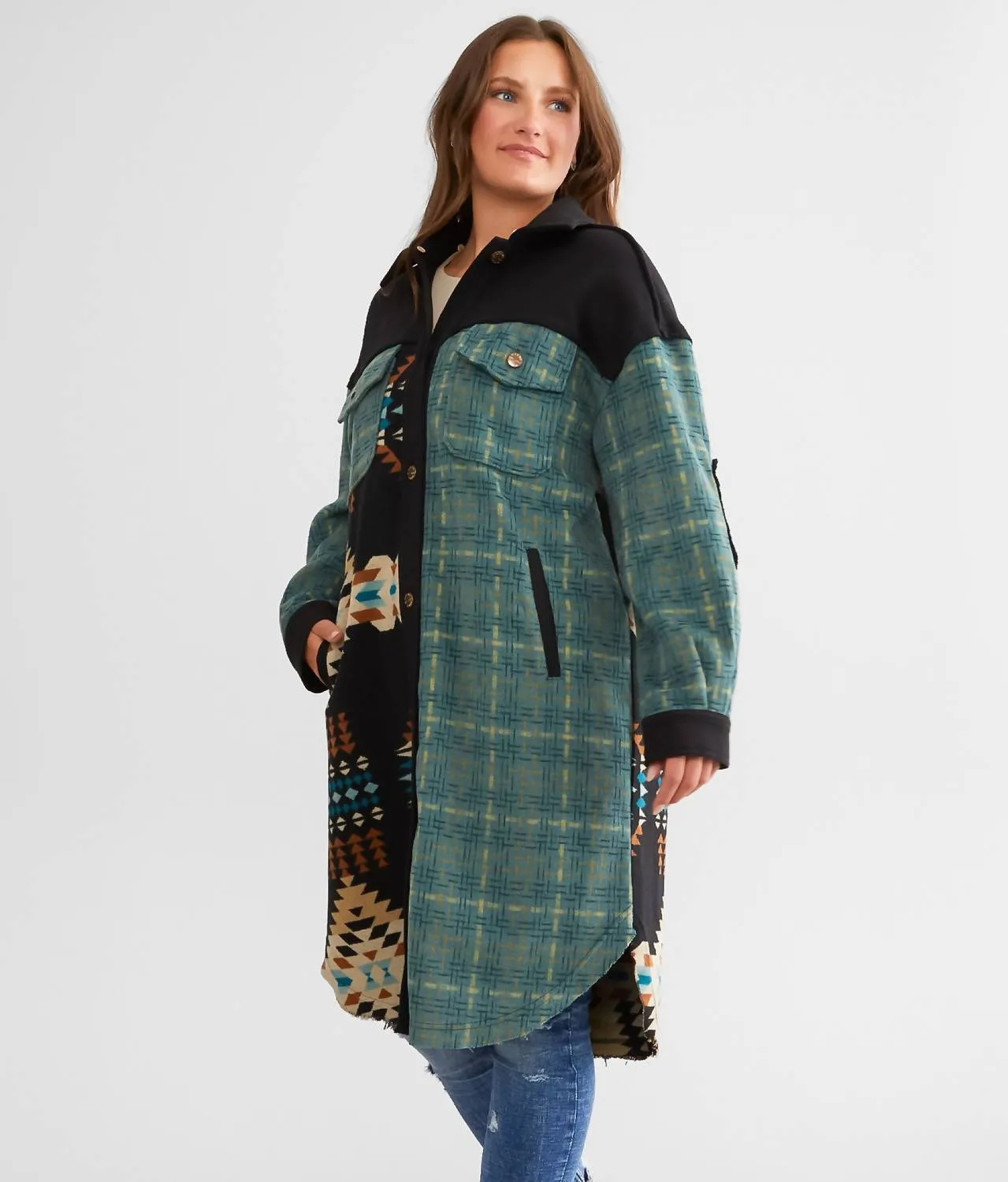Oversized Aztec Hooded Jacket In Jade Green