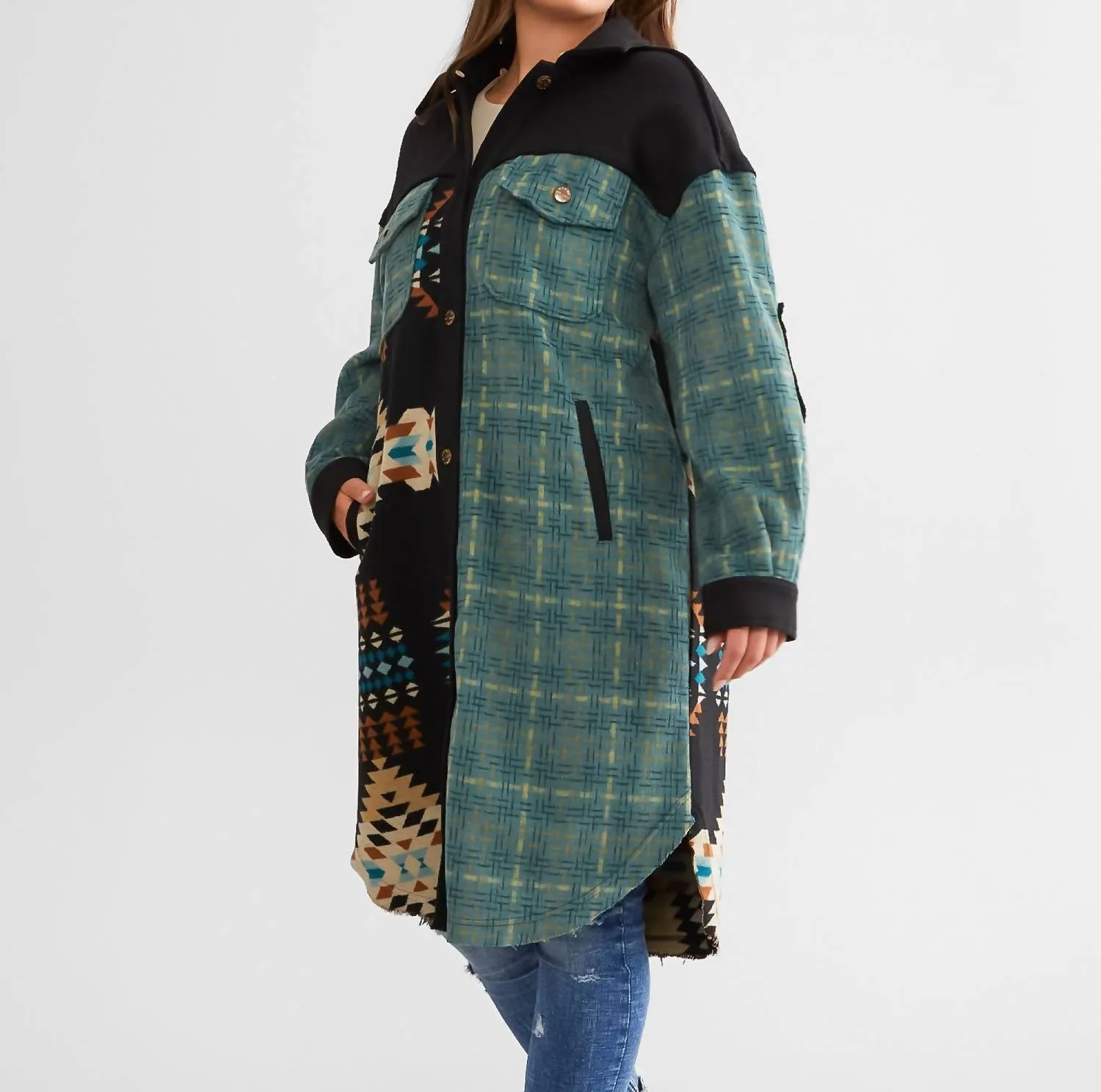 Oversized Aztec Hooded Jacket In Jade Green