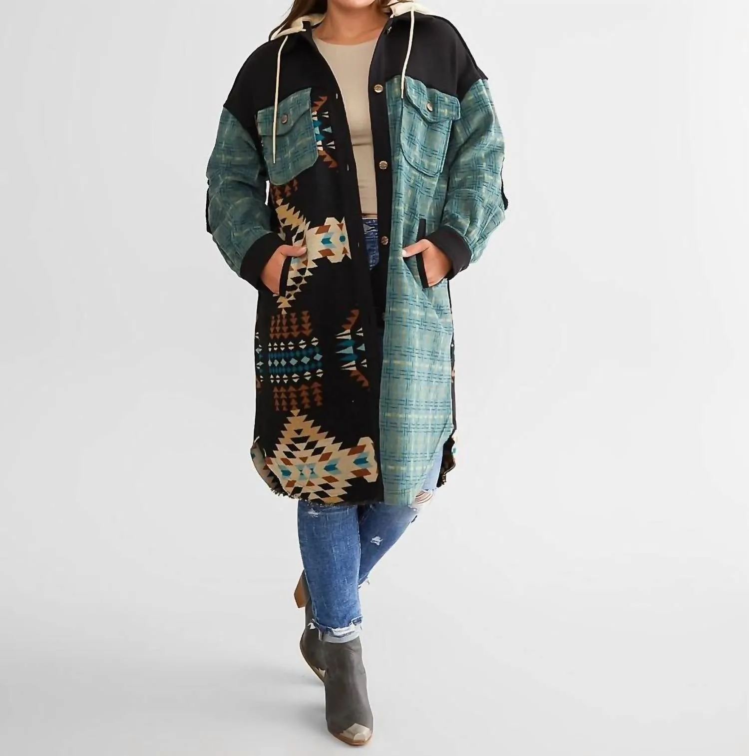 Oversized Aztec Hooded Jacket In Jade Green