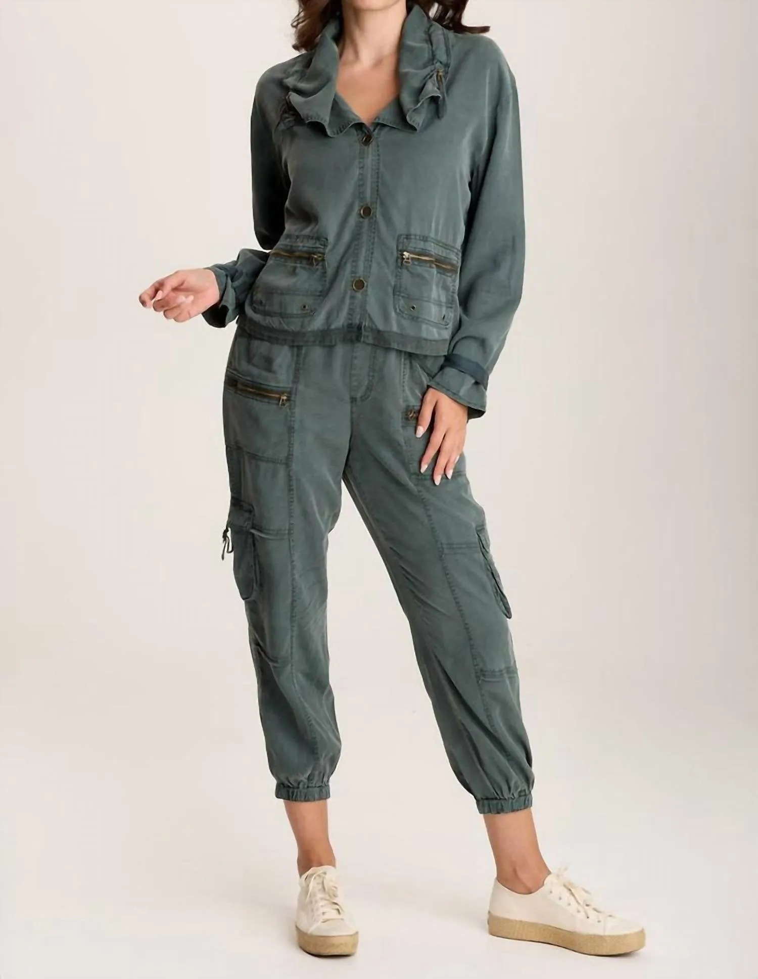 Oziel Twill Utility Jacket With Drawstring Collar In Silken Pine Pigment