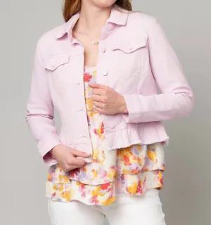 Peplum Hem Denim Jacket W/ Novelty Buttons In Pink