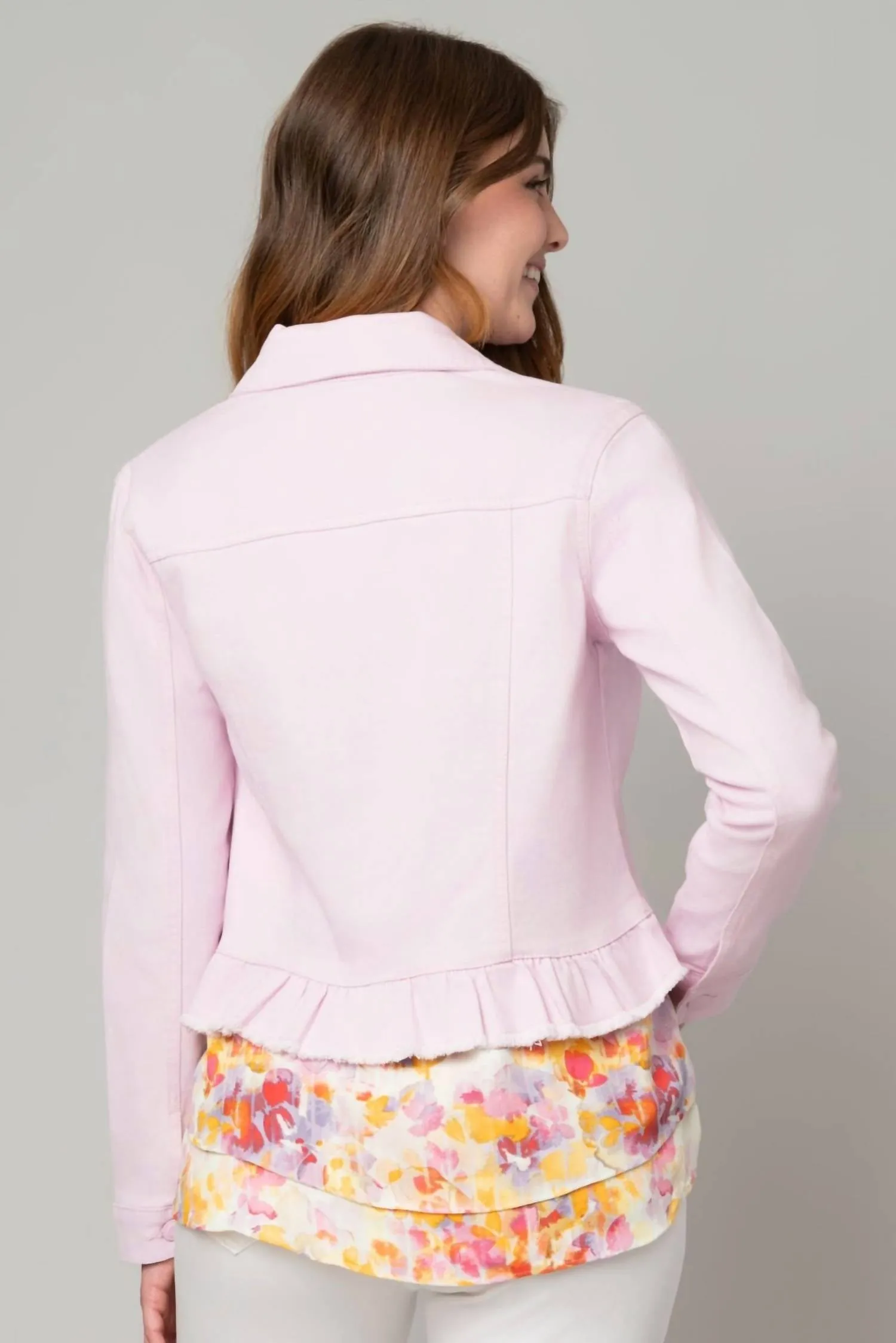 Peplum Hem Denim Jacket W/ Novelty Buttons In Pink