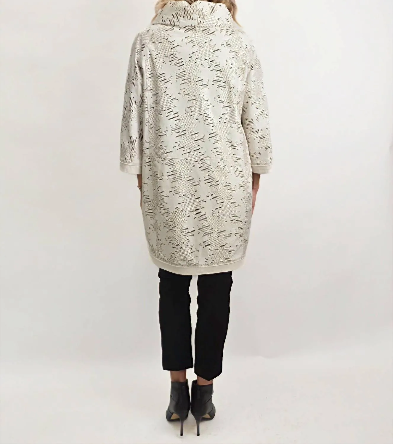 Perforated Leather Puffed Collar Jacket In Ivory