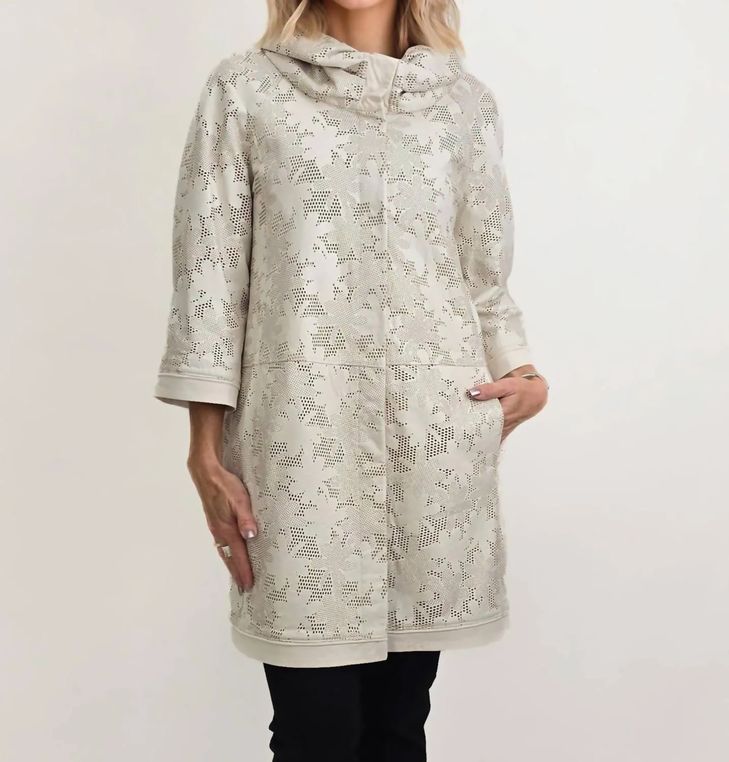 Perforated Leather Puffed Collar Jacket In Ivory
