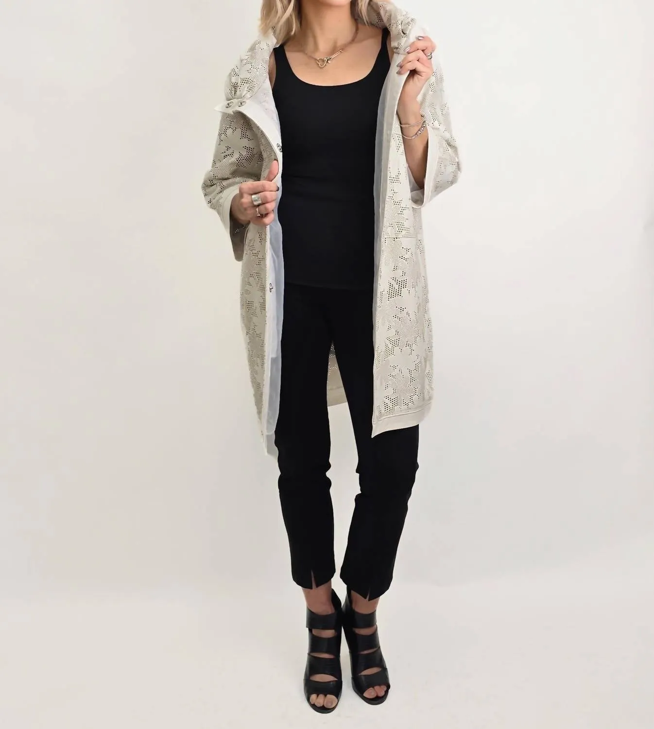 Perforated Leather Puffed Collar Jacket In Ivory