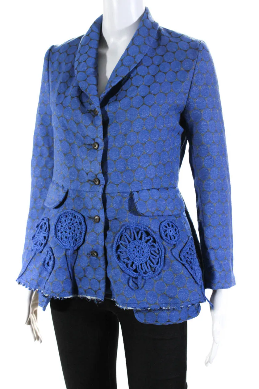 Phos Phoro Womens Peplum Jacket with Crochet Applique  Blue
