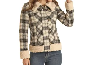Plaid & Berber Wool Blend Coat In Natural