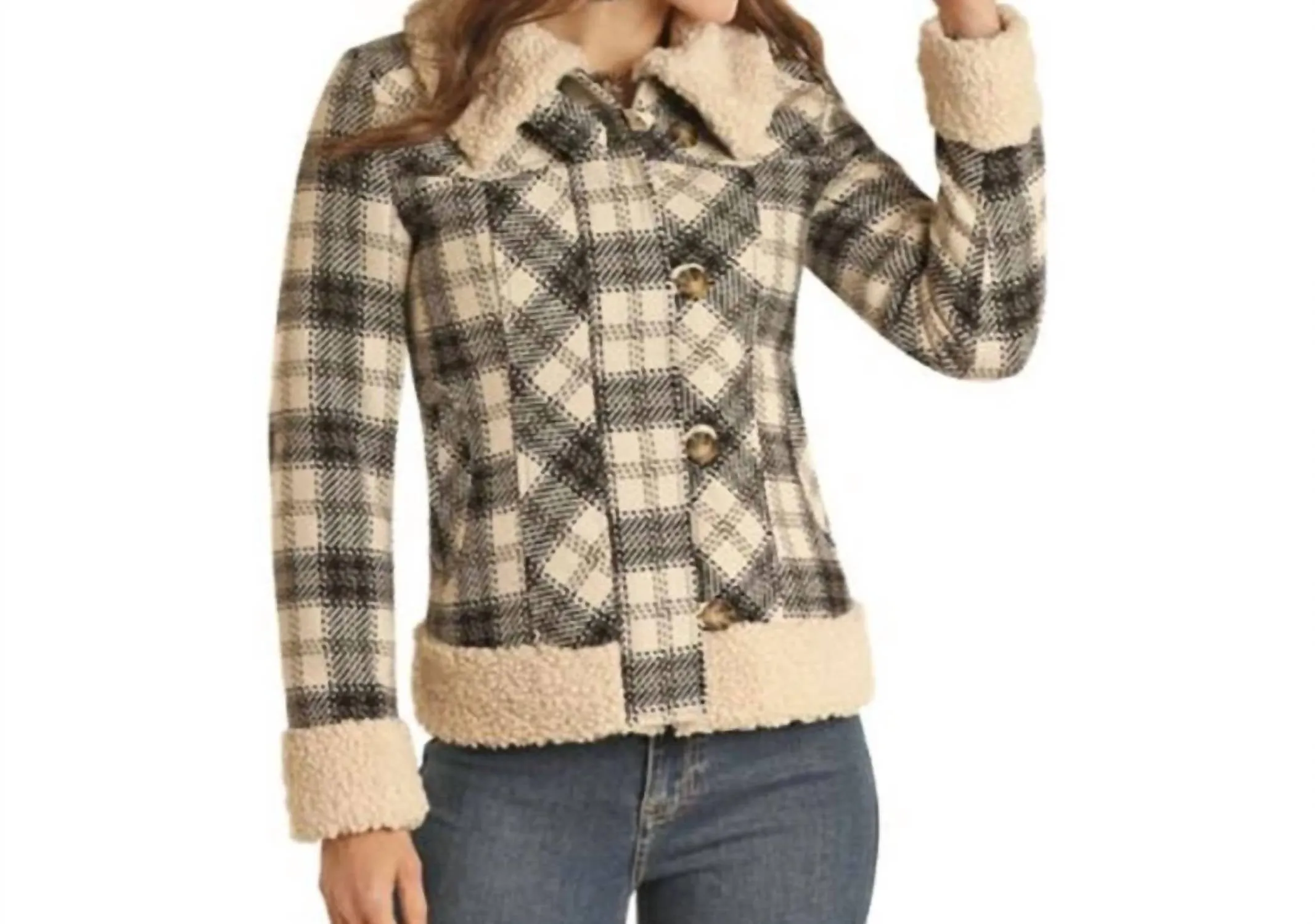 Plaid & Berber Wool Blend Coat In Natural