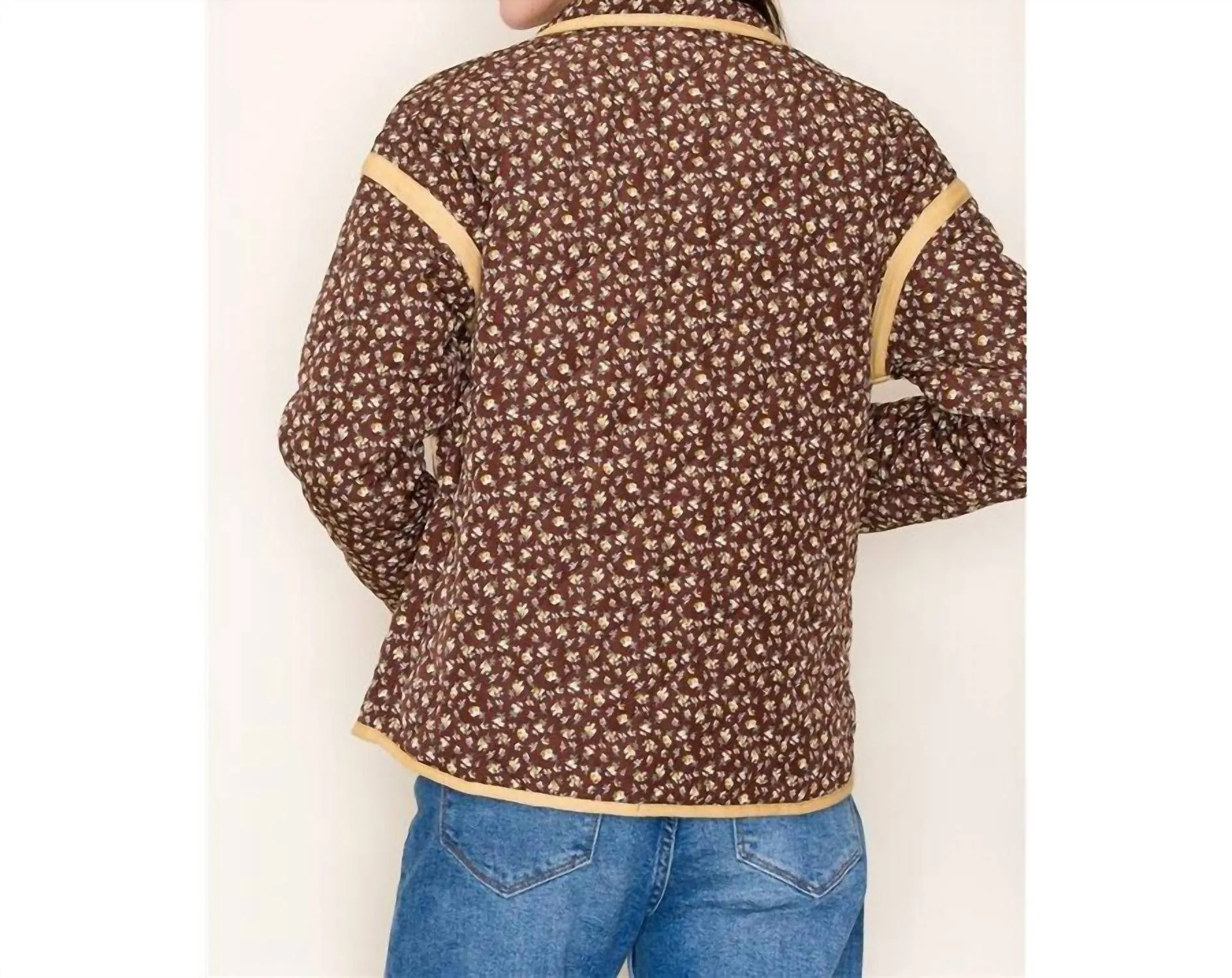 Polar Collar Button Closure Floral Quilted Jacket In Brown