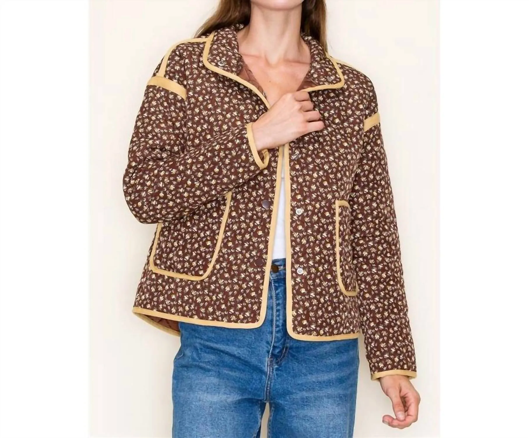 Polar Collar Button Closure Floral Quilted Jacket In Brown
