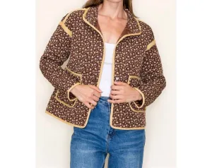 Polar Collar Button Closure Floral Quilted Jacket In Brown