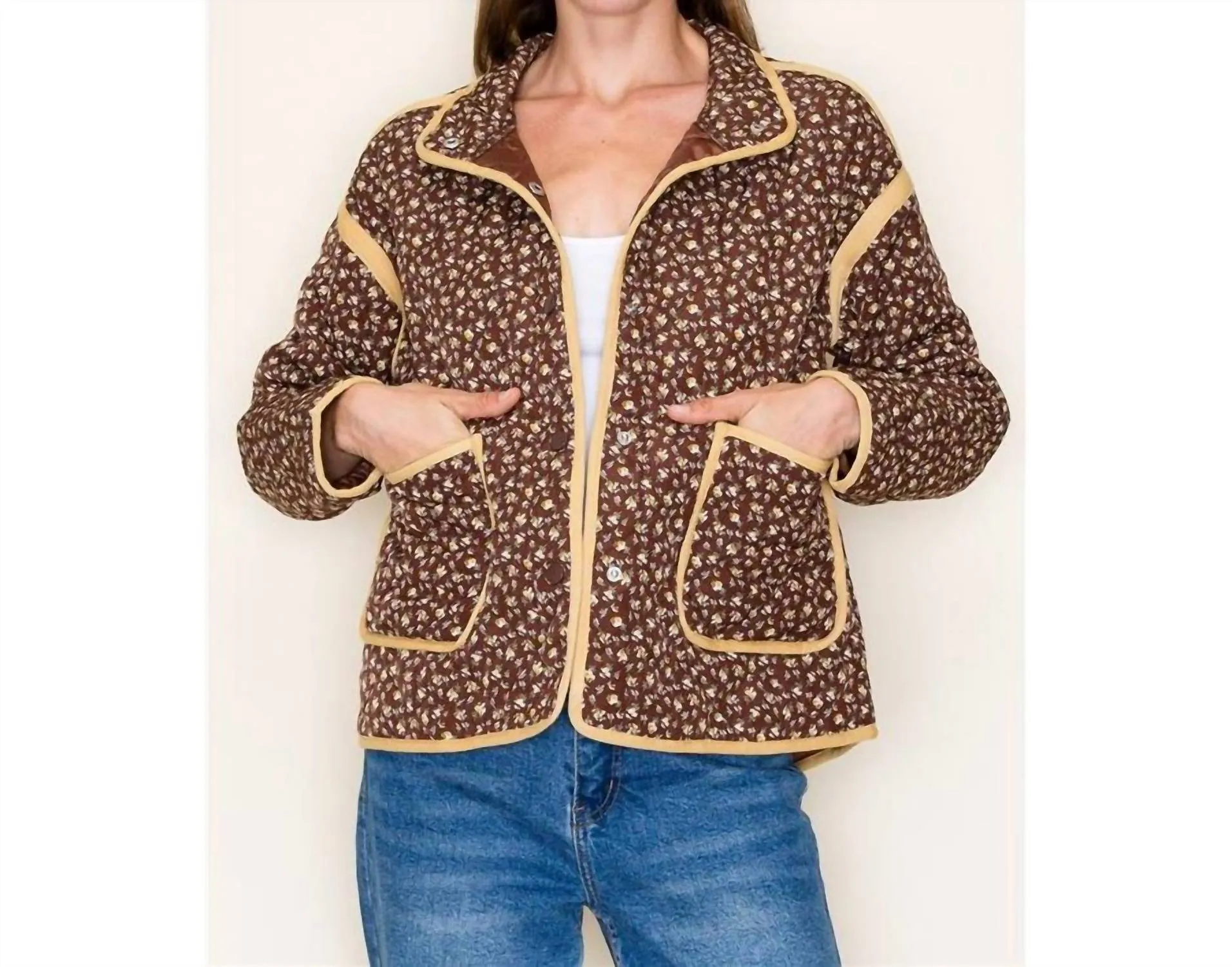 Polar Collar Button Closure Floral Quilted Jacket In Brown