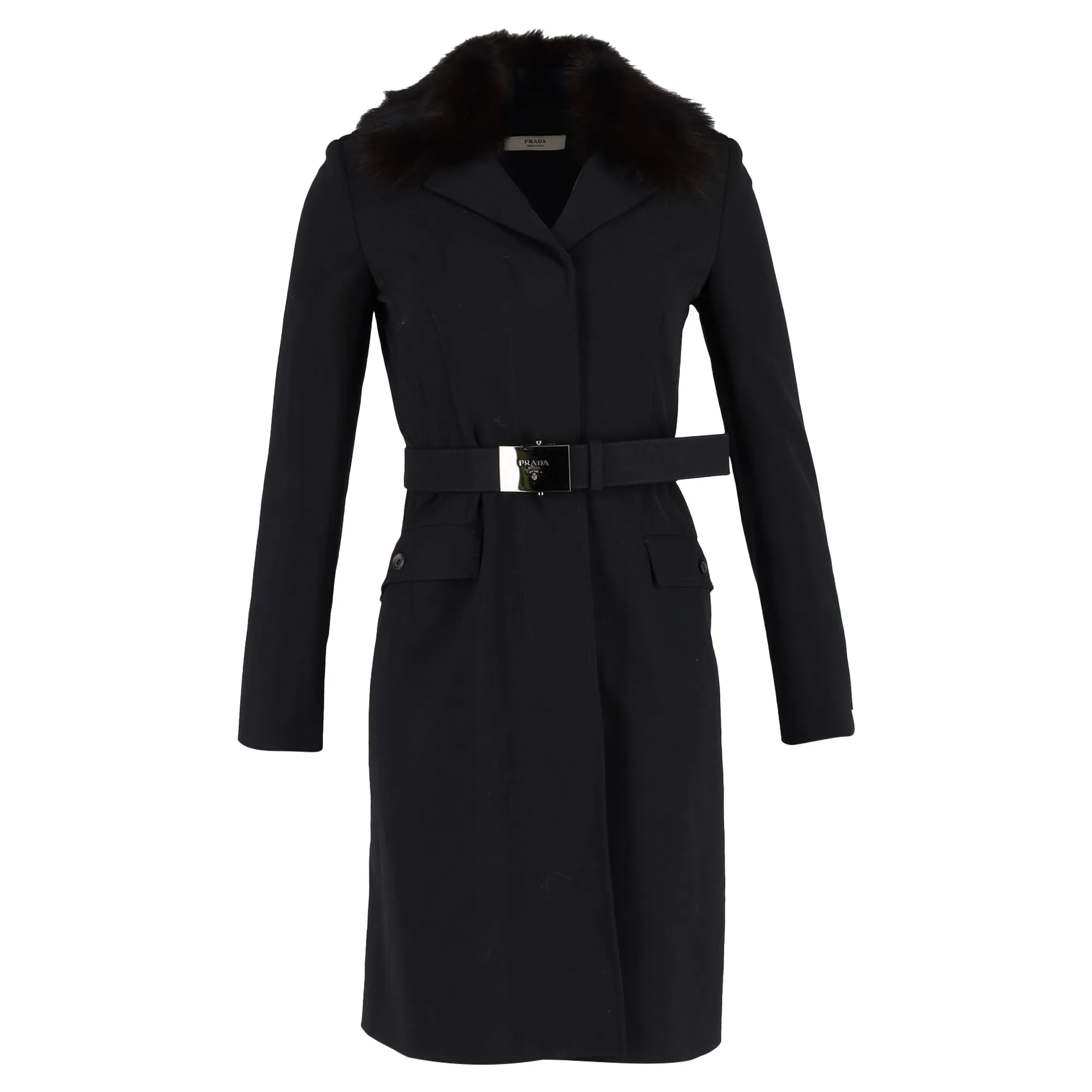 Prada Fur Trim Single-Breasted Coat in Black Wool