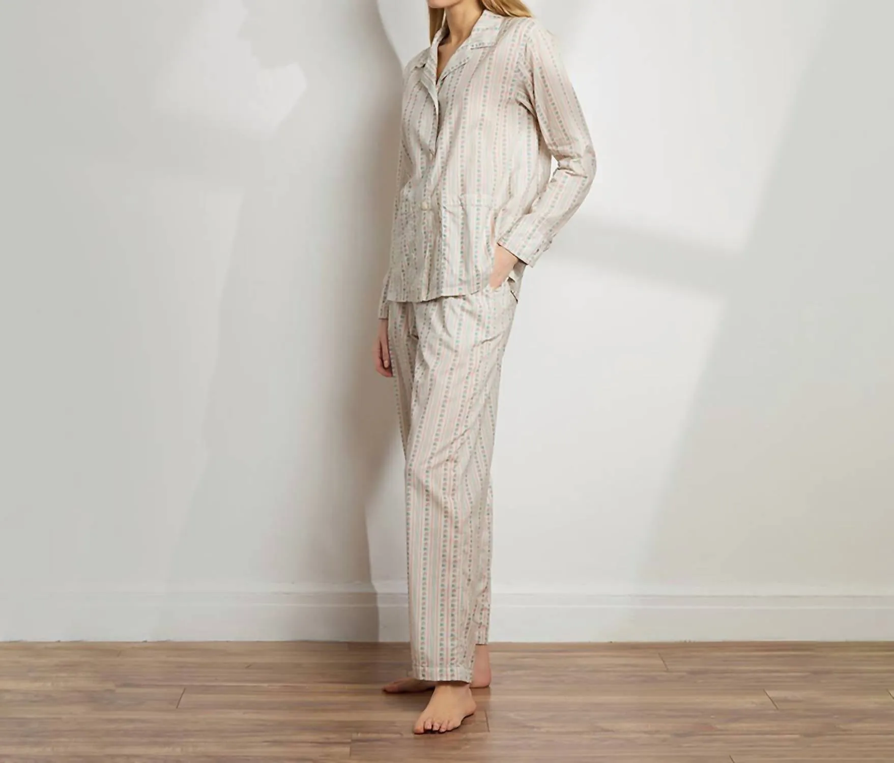 Printed Floral Cotton Long Pajama Set In Rose Wallpaper