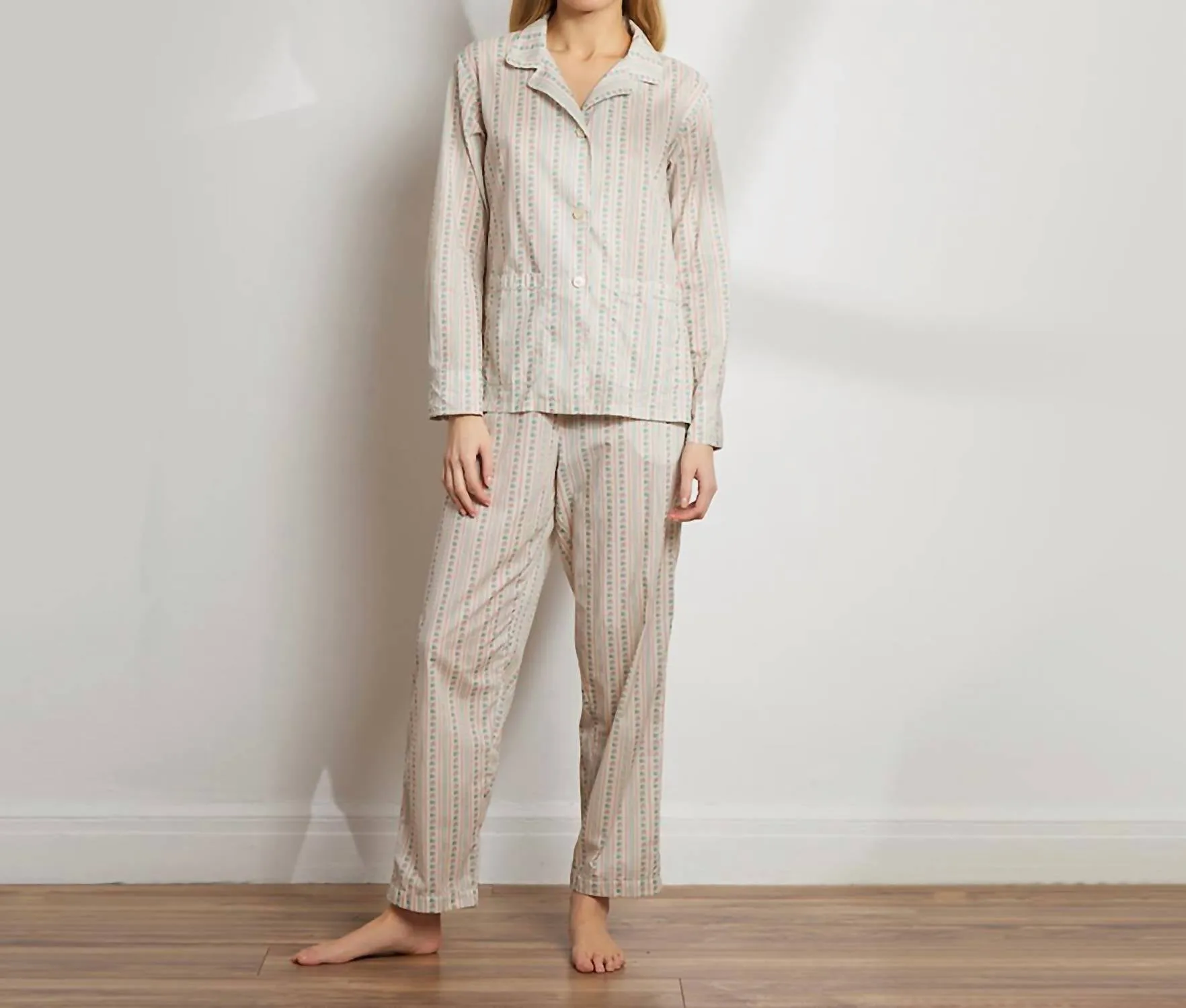 Printed Floral Cotton Long Pajama Set In Rose Wallpaper