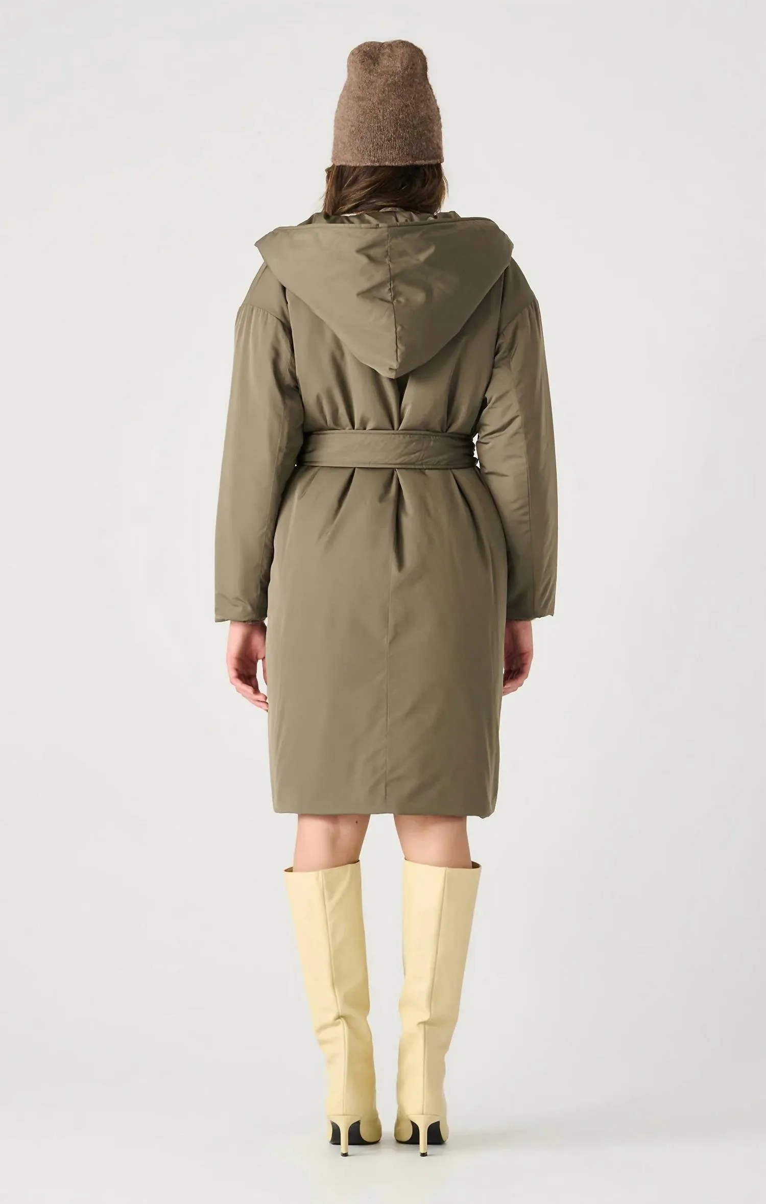 Puffer Trench Coat In Dark Khaki Green