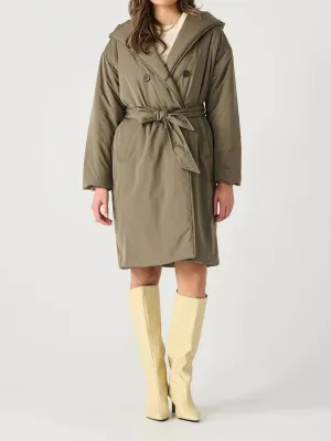 Puffer Trench Coat In Dark Khaki Green