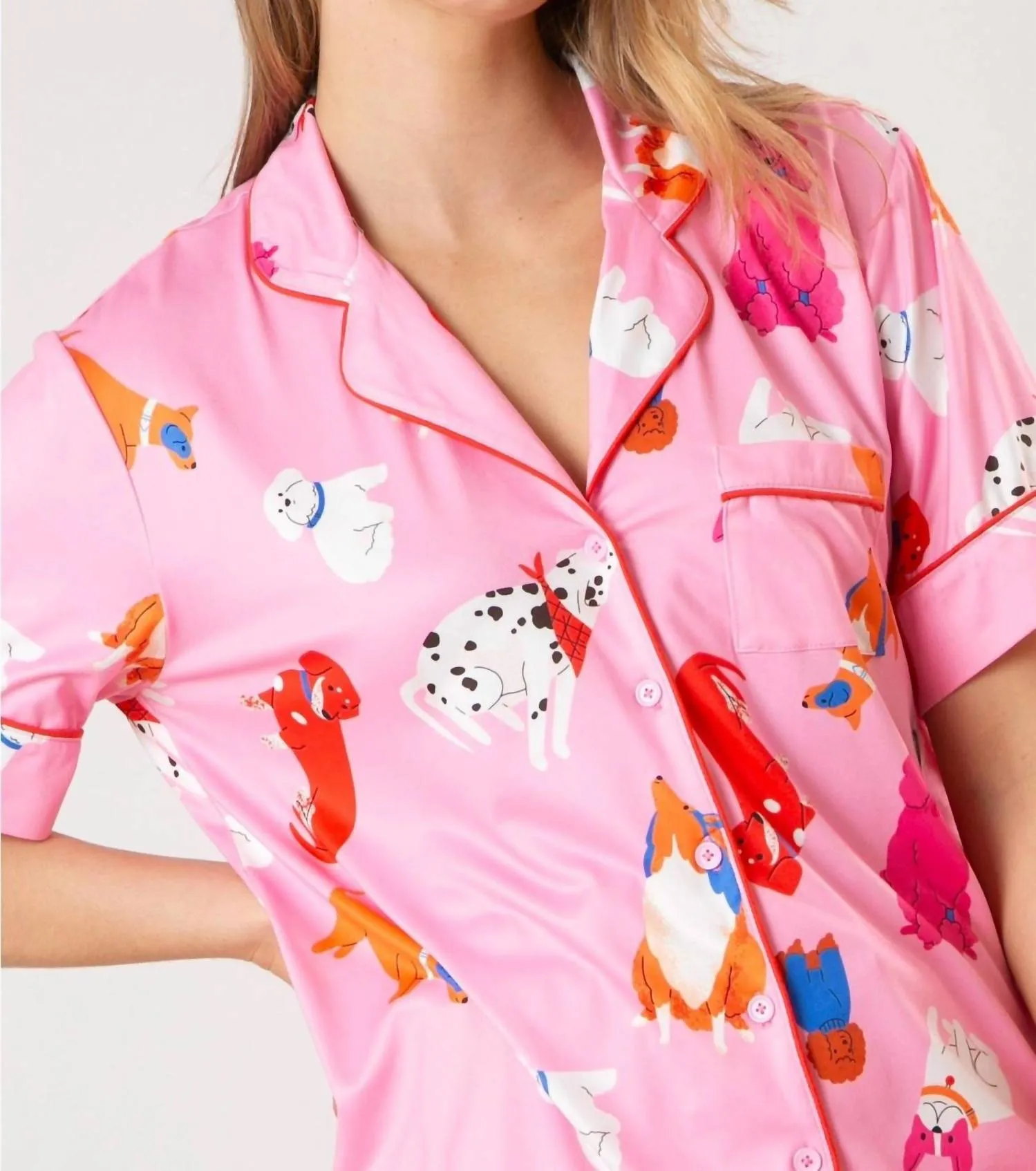 Puppy Dog Short Sleeve Button Down Pajama Top In Pink