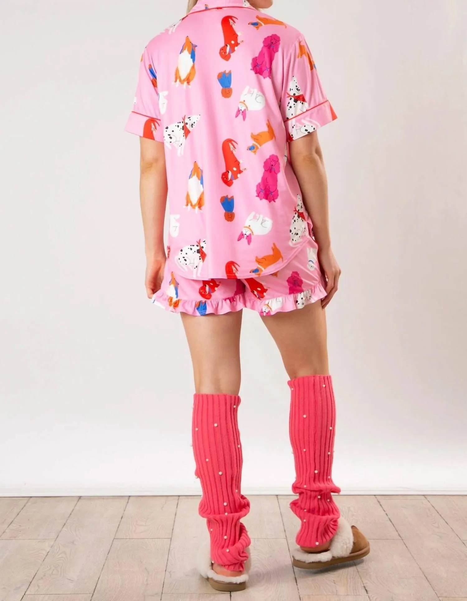 Puppy Dog Short Sleeve Button Down Pajama Top In Pink