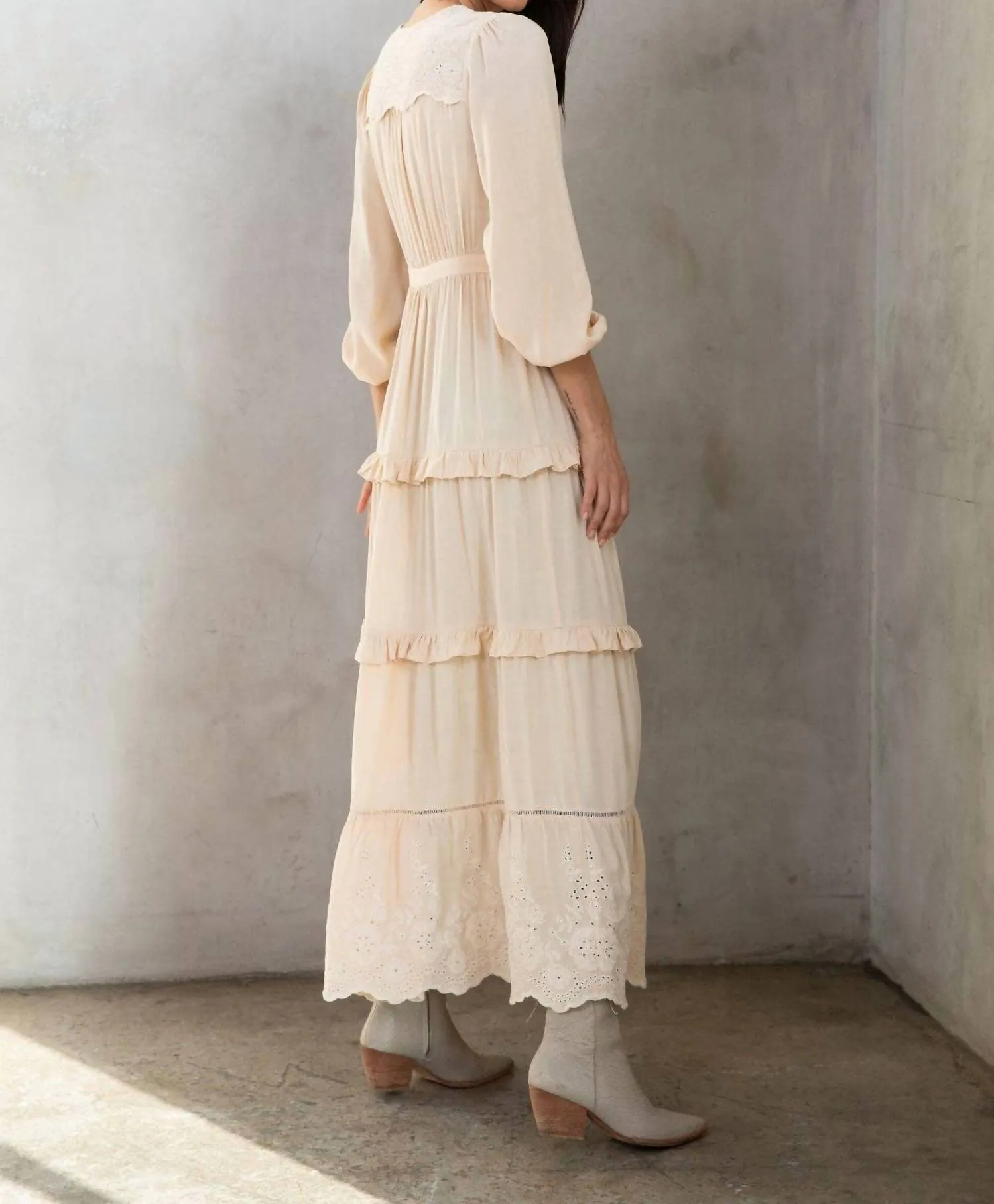Retro Boho Embroidered Ruffled Maxi Kimono Robe In Natural