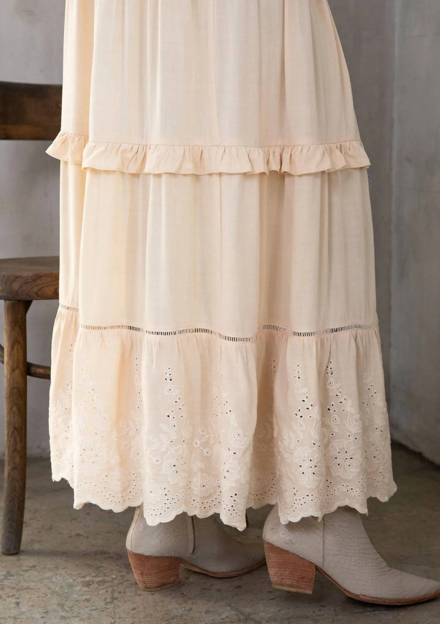 Retro Boho Embroidered Ruffled Maxi Kimono Robe In Natural