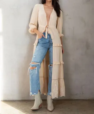 Retro Boho Embroidered Ruffled Maxi Kimono Robe In Natural