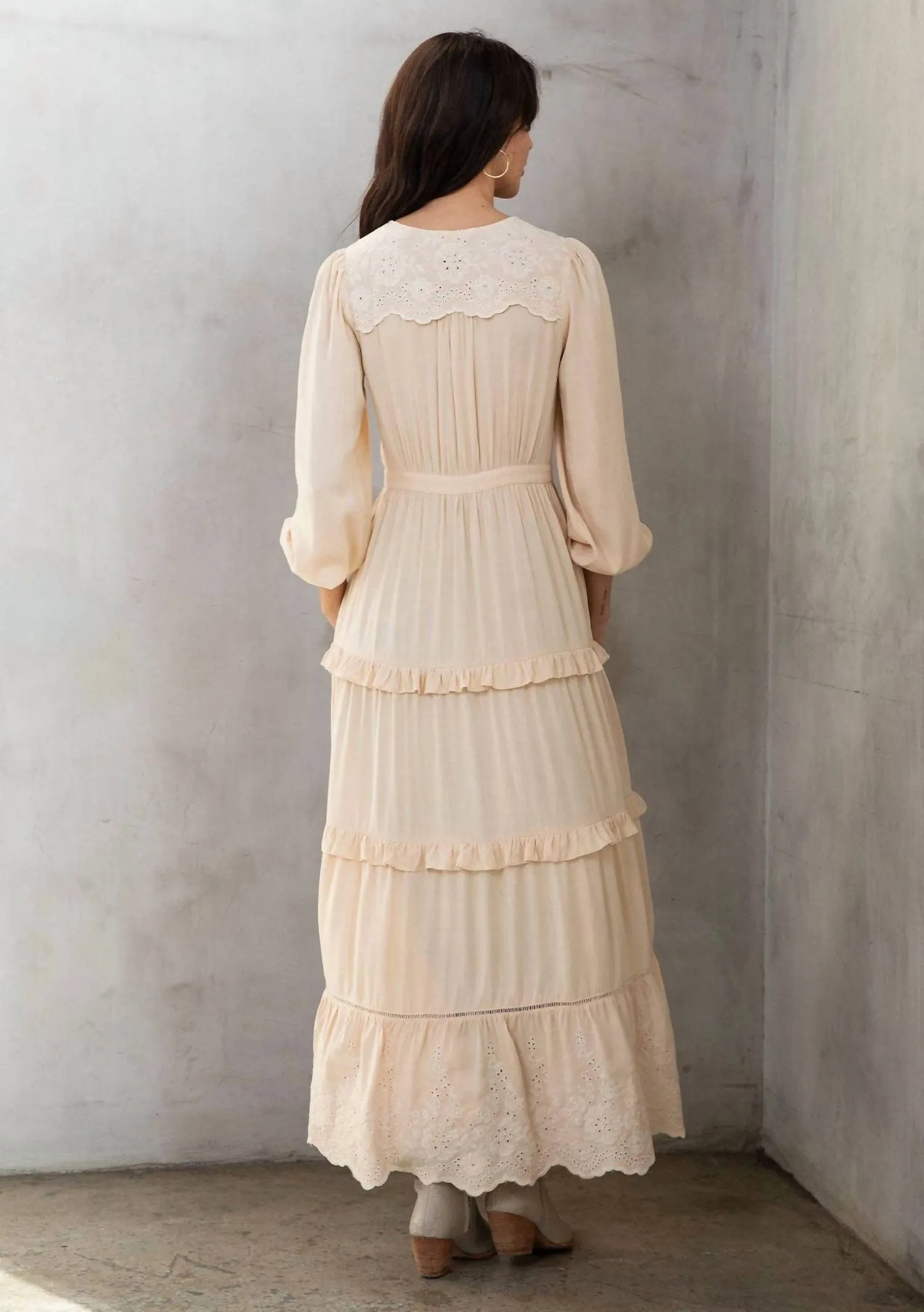 Retro Boho Embroidered Ruffled Maxi Kimono Robe In Natural