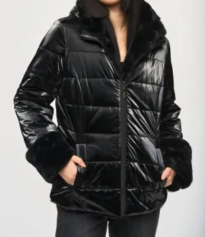 Reversible Faux Fur Quilted Puffer Coat In Black