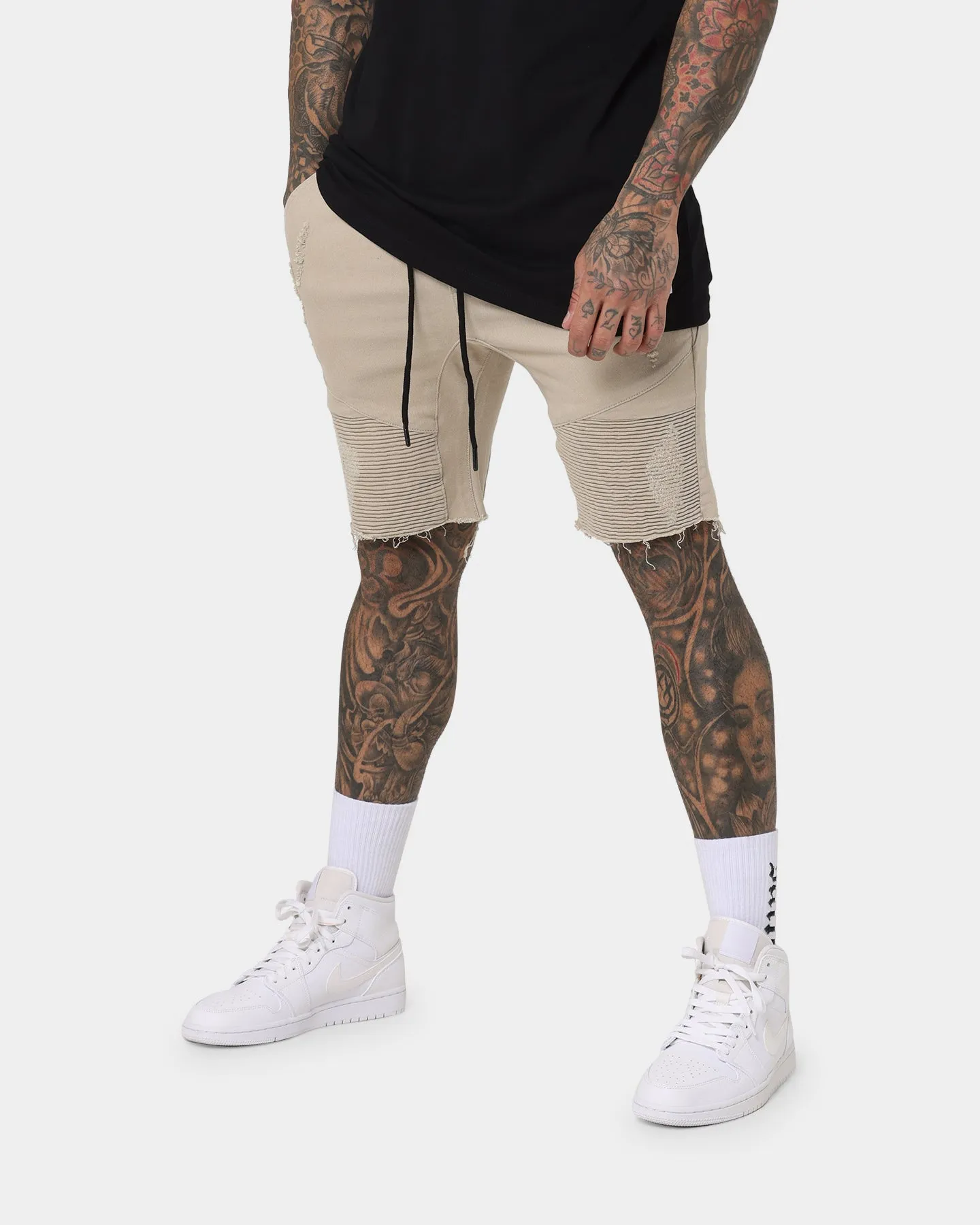 Saint Morta United Distressed Biker Shorts Stone