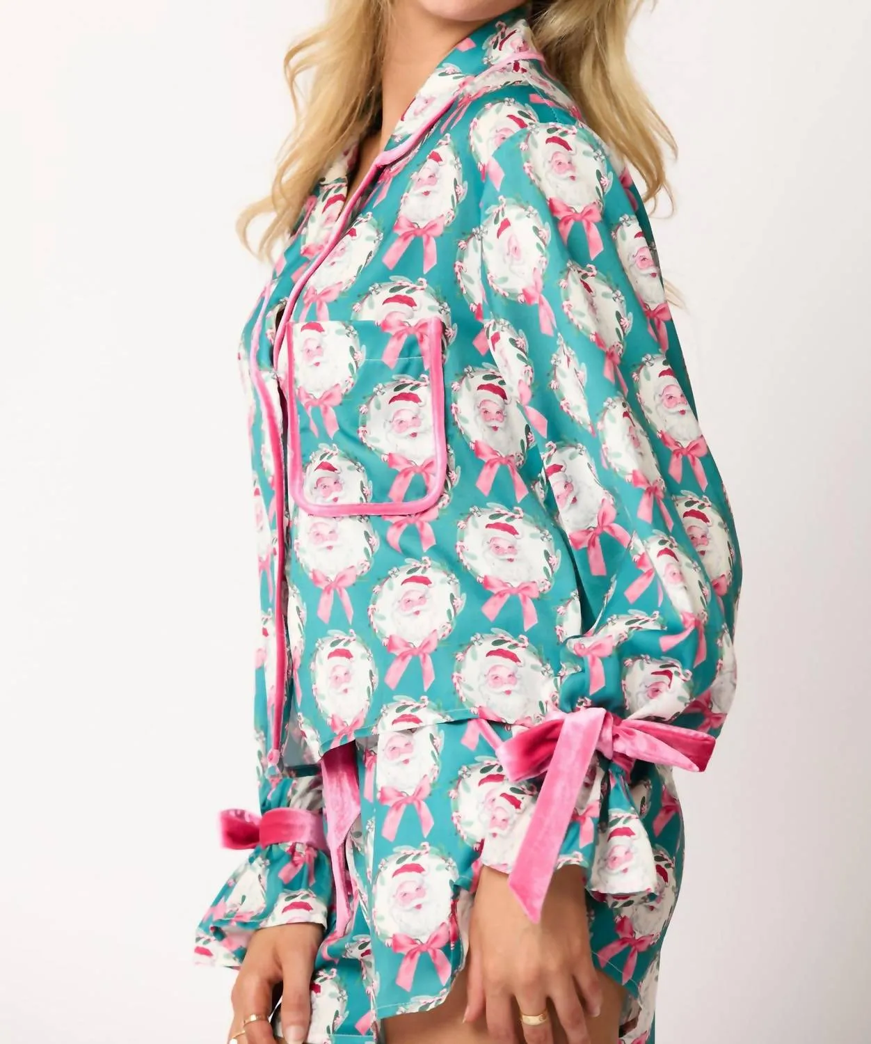 Santa And Bow Prints Pajama Set In Teal