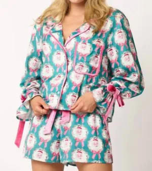 Santa And Bow Prints Pajama Set In Teal