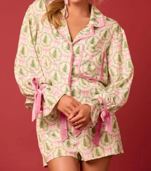Satin Christmas Tree And Bow Pajama Set In Ivory/ Light Green /pink