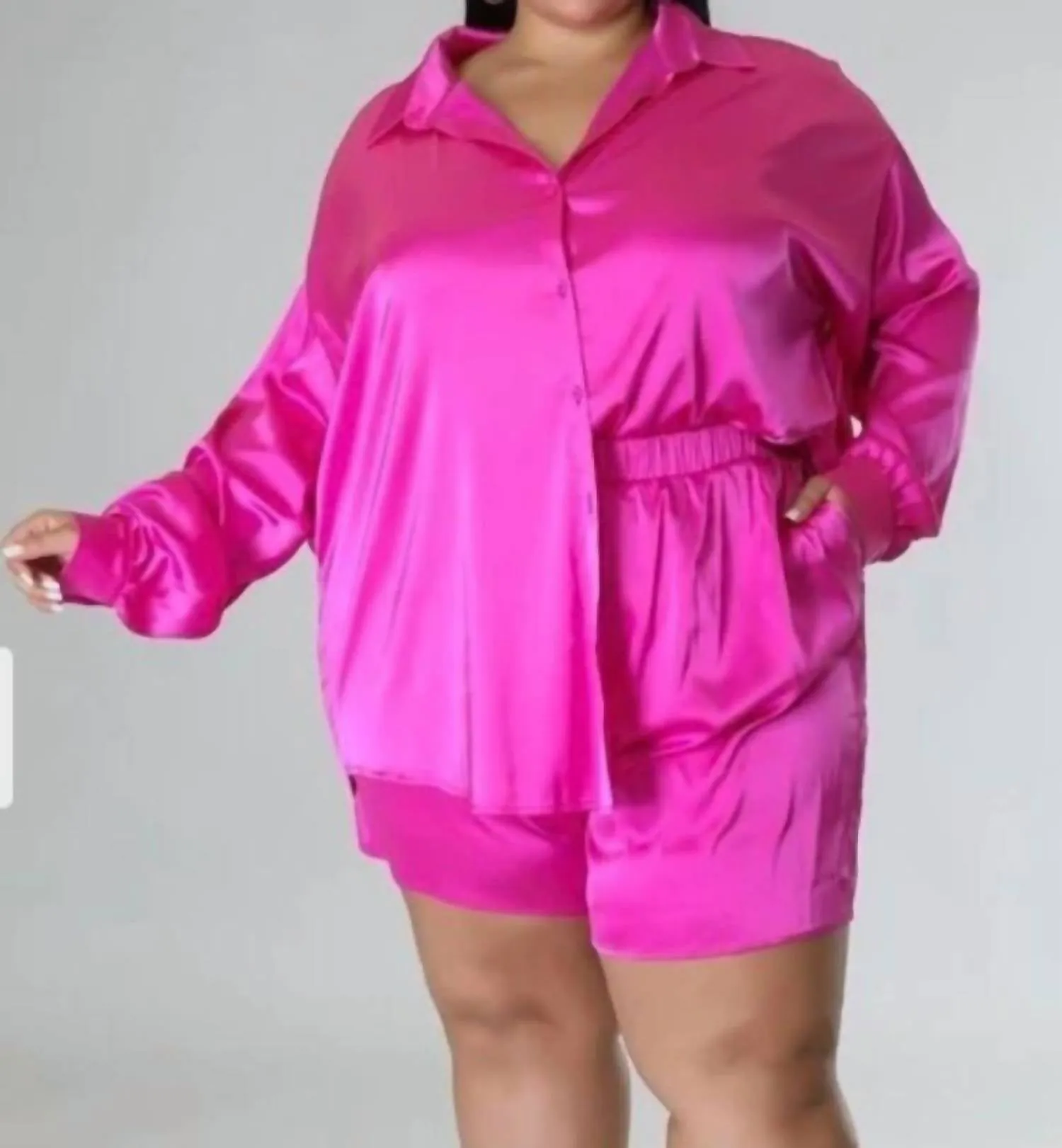 Satin Curvy Short Set In Pink