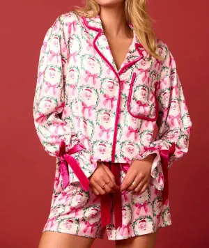 Satin Santa And Bow Print Pajama Set In Pink/white